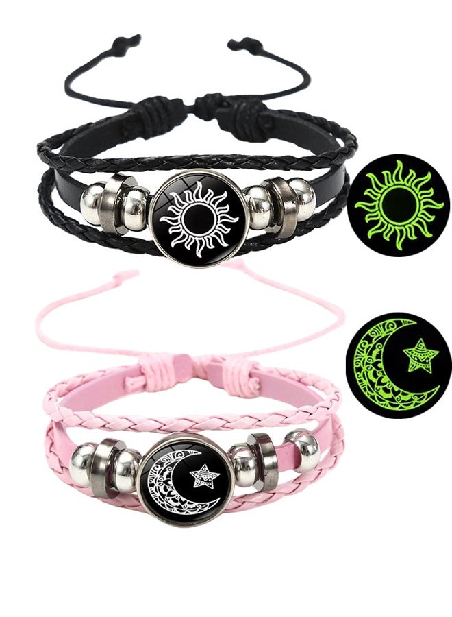 Happy D Glow-in-the-dark Sun and Moon Bracelet Glow-in-the-dark Woven Leather Jewelry Friendship Bracelet Couple Bracelet Woven Bracelet Student Couple Gift Bracelet - Image 1